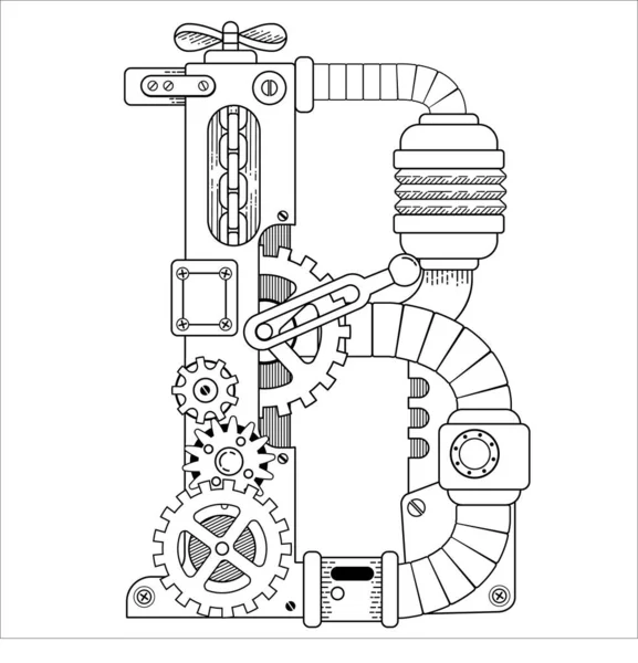 成人用蒸汽灌装着色书 机械字母字母由金属齿轮和各种细节在白色背景 — 图库矢量图片