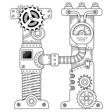 Yetişkinler için vektör boyama kitabı. Steampunk büyük harf yazı tipi. Metal dişlilerden yapılmış mekanik alfabe ve beyaz arka planda çeşitli detaylar. H harfi