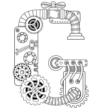 Yetişkinler için vektör boyama kitabı. Steampunk büyük harf yazı tipi. Metal dişlilerden yapılmış mekanik alfabe ve beyaz arka planda çeşitli detaylar. G harfi