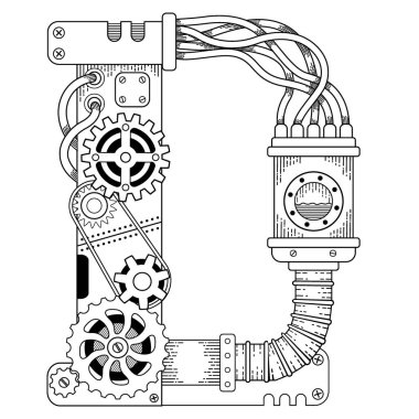 Yetişkinler için vektör boyama kitabı. Steampunk büyük harf yazı tipi. Metal dişlilerden yapılmış mekanik alfabe ve beyaz arka planda çeşitli detaylar. Büyük harf D