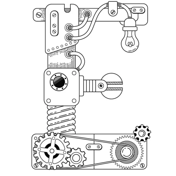 Yetişkinler için vektör boyama kitabı. Steampunk büyük harf yazı tipi. Metal dişlilerden yapılmış mekanik alfabe ve beyaz arka planda çeşitli detaylar. E harfi