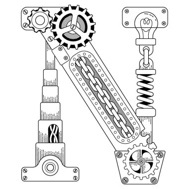 Vector Steampunk Yetişkinler için Yazı Tipi Boyama Kitabı. Metal dişlilerden yapılmış mekanik harf alfabesi ve beyaz arka planda çeşitli detaylar. Büyük harf N