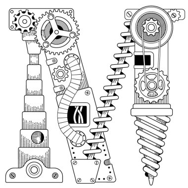Vector Steampunk Yetişkinler için Yazı Tipi Boyama Kitabı. Metal dişlilerden yapılmış mekanik harf alfabesi ve beyaz arka planda çeşitli detaylar. Büyük harf N