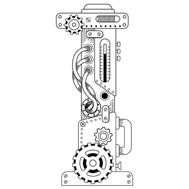 Vector Steampunk Yetişkinler için Yazı Tipi Boyama Kitabı. Metal dişlilerden yapılmış mekanik harf alfabesi ve beyaz arka planda çeşitli detaylar. Büyük harf I