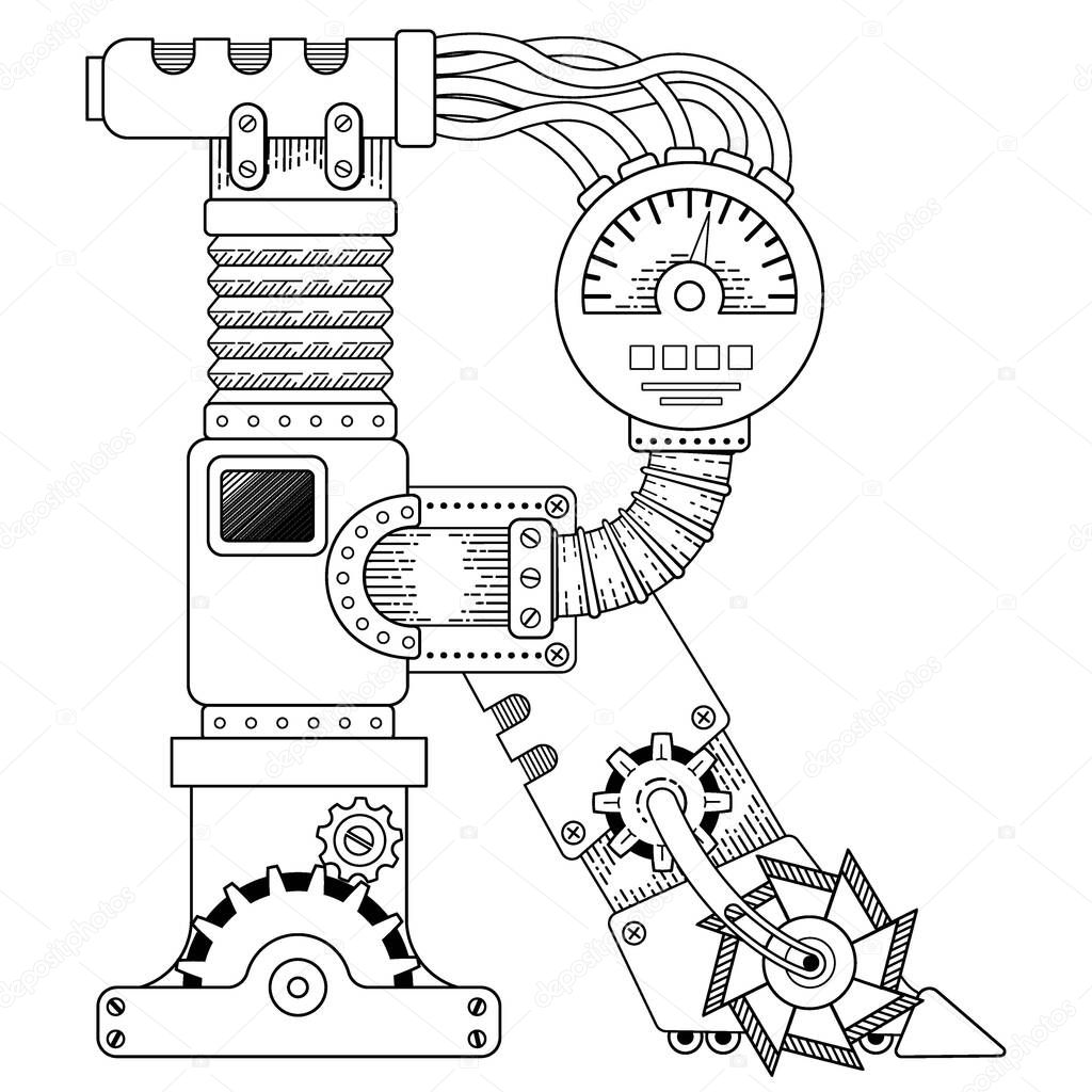 Vector Steampunk coloring book for adults. Mechanical letter alphabet made of metal gears and various details on white background. Capital letter R