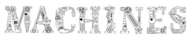 Steampunk banner. Lettering made of gears and various mechanical details on white background. Capital letters English alphabet. clipart