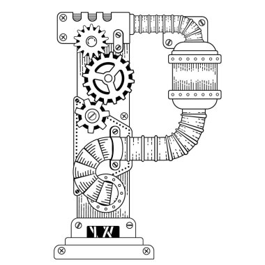 Yetişkinler için vektör boyama kitabı. Steampunk yazı tipi. Metal dişlilerden yapılmış mekanik alfabe ve beyaz arka planda çeşitli detaylar. P harfi