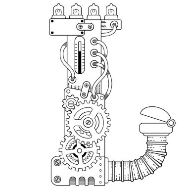 Yetişkinler için vektör boyama kitabı. Steampunk yazı tipi. Metal dişlilerden yapılmış mekanik alfabe ve beyaz arka planda çeşitli detaylar. L harfi.