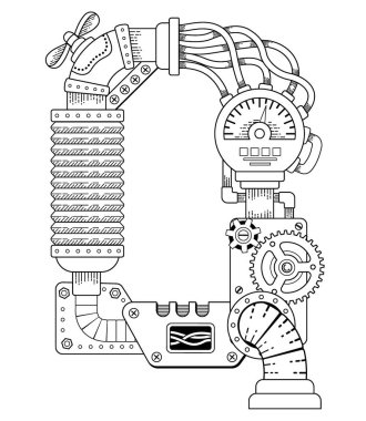 Yetişkinler için vektör boyama kitabı. Steampunk yazı tipi. Metal dişlilerden yapılmış mekanik alfabe ve beyaz arka planda çeşitli detaylar. Q harfi