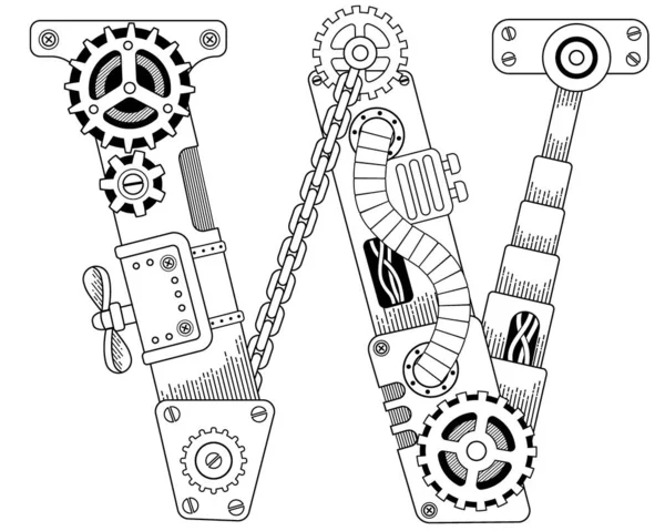 Vector Kleurboek Voor Volwassenen Steampunk Lettertype Mechanisch Alfabet Van Metalen — Stockvector