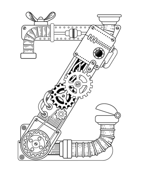 成年人的病媒着色书 Steampunk字体机械字母表由金属齿轮和各种细节的白色背景 — 图库矢量图片