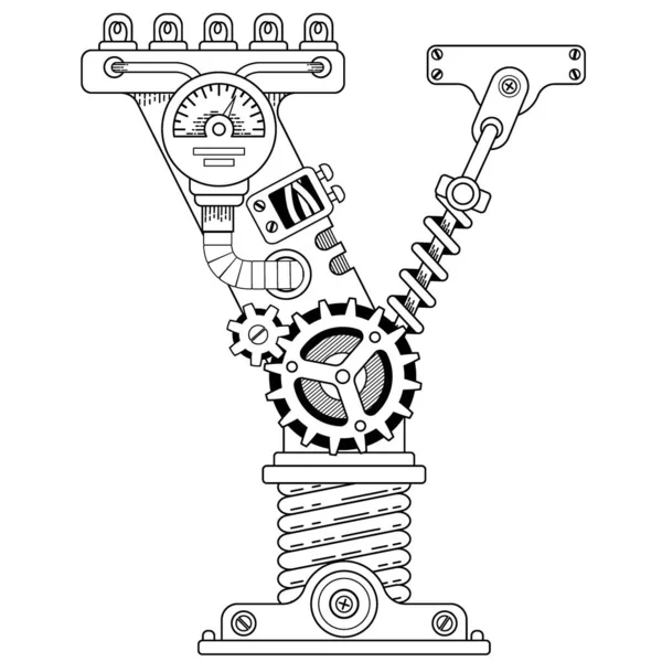 成年人的病媒着色书 Steampunk字体机械字母表由金属齿轮和各种细节的白色背景 字母Y — 图库矢量图片