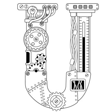 Yetişkinler için vektör boyama kitabı. Steampunk yazı tipi. Metal dişlilerden yapılmış mekanik alfabe ve beyaz arka planda çeşitli detaylar. Büyük harf U