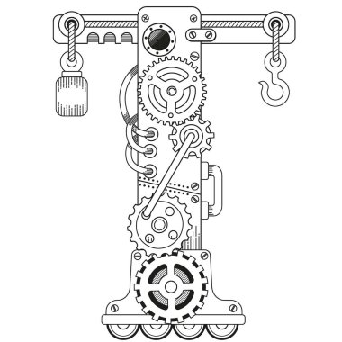 Yetişkinler için vektör boyama kitabı. Steampunk yazı tipi. Metal dişlilerden yapılmış mekanik alfabe ve beyaz arka planda çeşitli detaylar. Büyük harf T