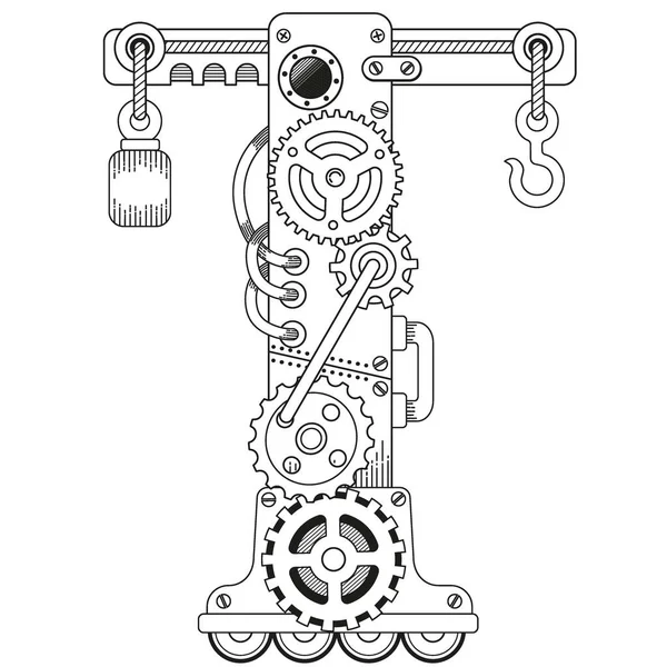 Vector kleurboek voor volwassenen. Steampunk lettertype. Mechanisch alfabet van metalen tandwielen en diverse details op witte ondergrond. Hoofdletter T — Stockvector