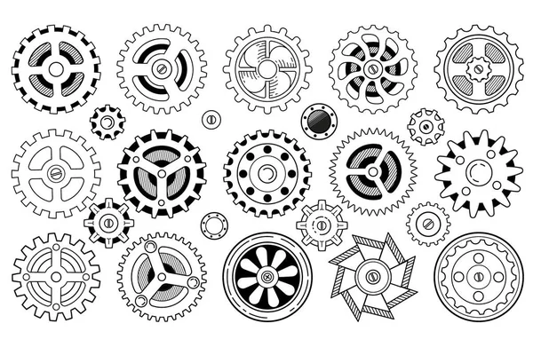 Набір векторних піктограм. Силуетне зображення зразків механізмів, коліс і шестерень ізольовані на білому тлі — стоковий вектор