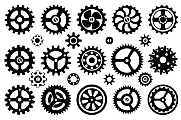 Vector icon set. Silhouette image of seample mechanisms, wheels and gears isolated on a white background — Stock Vector