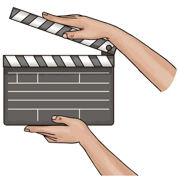 Mãos femininas segurando uma placa preta filme palmas isolado em fundo branco. Filme em branco clapper cinema vetor ilustração —  Vetores de Stock