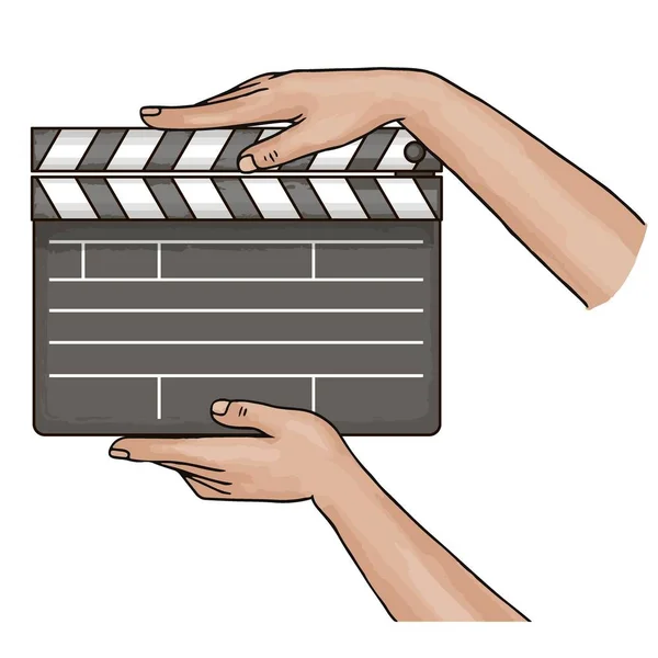 Female hands holding a film clapper black board isolated on white background. Blank movie clapper cinema vector illustration — Stock Vector