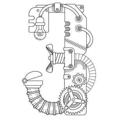 Vector coloring book for adults. Steampunk mathematical symbol three. Mechanical number made of metal gears and various details on white background. clipart