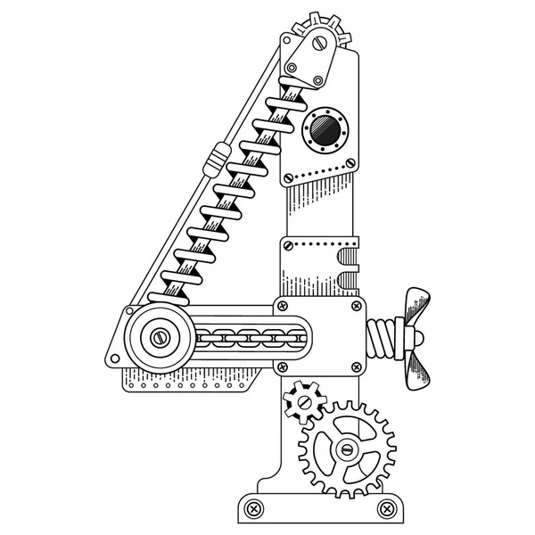 Libro para colorear vector para adultos. Steampunk símbolo matemático cuatro. Número mecánico de engranajes metálicos y varios detalles sobre fondo blanco. — Vector de stock