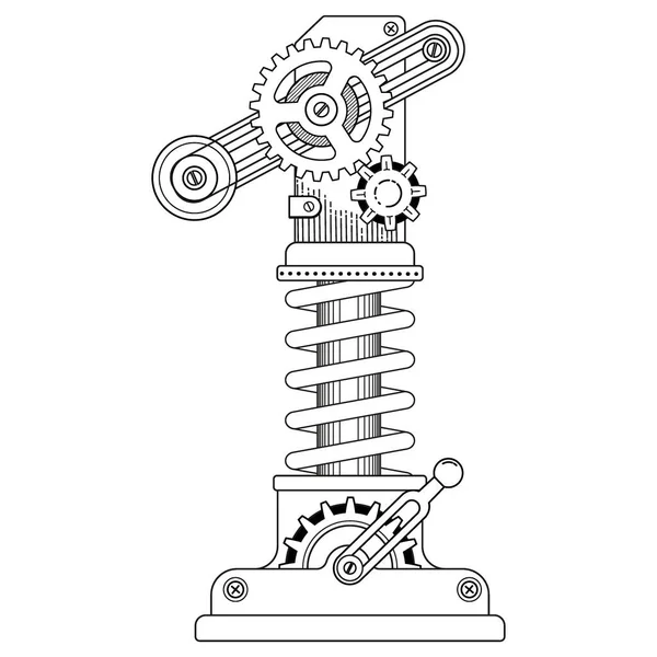 Vector kleurboek voor volwassenen. Steampunk wiskundig symbool één. Mechanisch nummer van metalen tandwielen en diverse details op witte ondergrond. — Stockvector