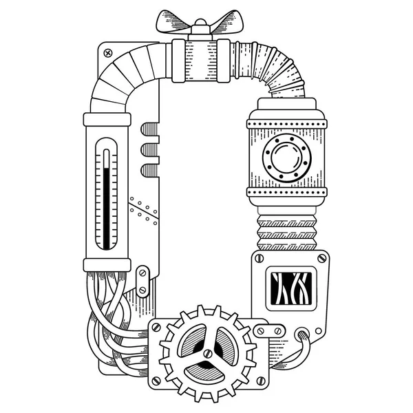 Wektor kolorowanki dla dorosłych. Steampunk matematyczny symbol zero. Mechaniczny numer z metalowych kół zębatych i różne szczegóły na białym tle. — Wektor stockowy