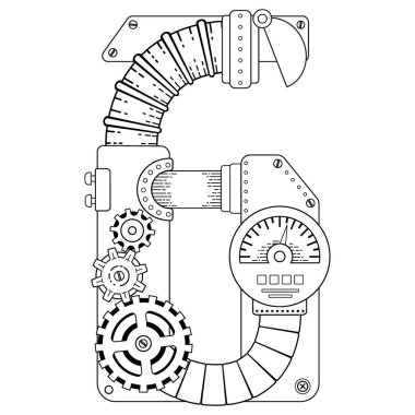 Yetişkinler için vektör boyama kitabı. Steampunk matematiksel sembolü altı. Metal dişlilerden ve beyaz arkaplandaki çeşitli ayrıntılardan oluşan mekanik sayı.