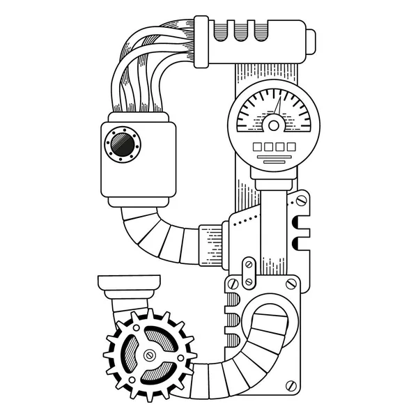 Libro para colorear vector para adultos. Símbolo matemático Steampunk nueve. Número mecánico de engranajes metálicos y varios detalles sobre fondo blanco. — Archivo Imágenes Vectoriales