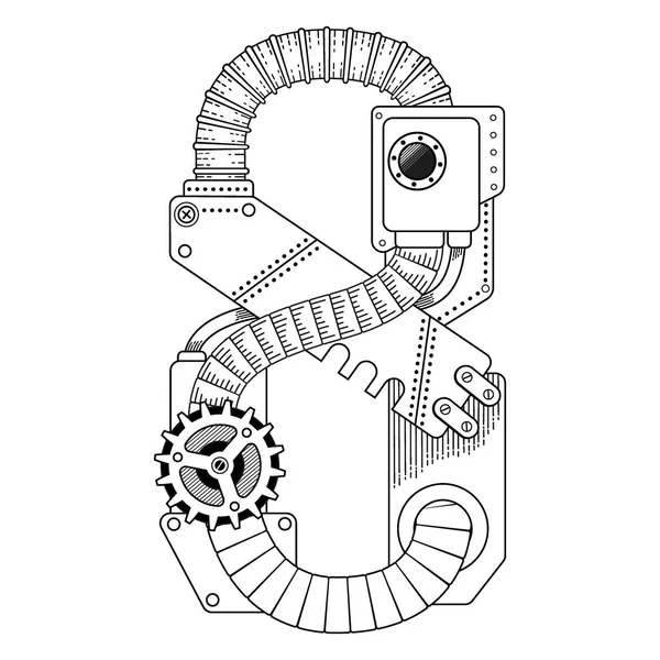 Vector kleurboek voor volwassenen. Steampunk wiskundig symbool acht. Mechanisch nummer van metalen tandwielen en diverse details op witte ondergrond. — Stockvector