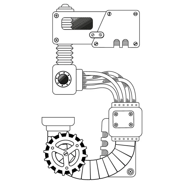 Libro para colorear vector para adultos. Steampunk símbolo matemático cinco. Número mecánico de engranajes metálicos y varios detalles sobre fondo blanco. — Vector de stock