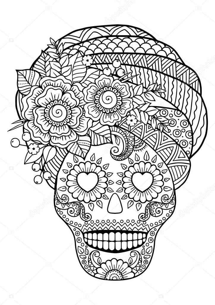 Day of the Dead, Zentangle Sugar Skull. Vector Adult Coloring Book