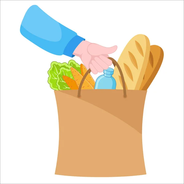 Ilustración vectorial. Manos sosteniendo bolsa ecológica de papel con compras de comestibles. Comida saludable en una bolsa, pan, lechuga, agua y zanahorias — Vector de stock