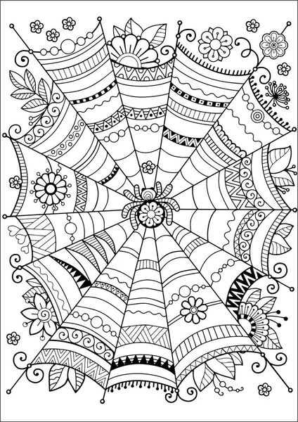 Vector para colorear página para adultos. telaraña Mandala. Colorear zentangle imprimible para Halloween — Vector de stock