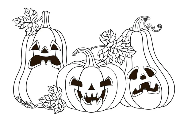 Vector coloring page. Cute pumpkins monster with a carved horrible smile. Happy Halloween vector illustration in a cartoon style for your design for the holiday — Stock Vector