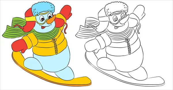 Noel Baba gibi giyinmiş komik bir kardan adam karakteri. Boyama kitapları için siyah beyaz özet — Stok Vektör