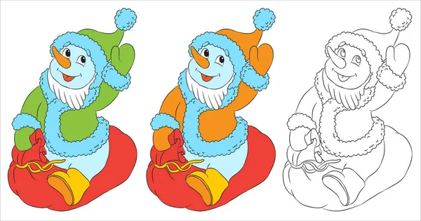 Vetor Engraçado Boneco Neve Personagem Vestido Como Santa Passeios Saco —  Vetores de Stock