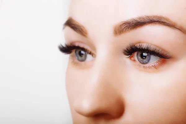 Procedura di estensione delle ciglia. Occhio di donna con ciglia lunghe. Focus ravvicinato e selettivo. — Foto Stock