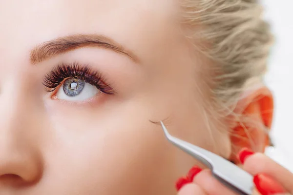 Eyelash Extension Procedure. Woman Eye with Long Eyelashes. Close up, selective focus. — Stock Photo, Image