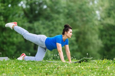 Yaşlı kadın parkta Yoga egzersiz yapmak. Kadın kıdemli pratik yoga açık. Heathy yaşam tarzı kavramı. Boşaltmak.