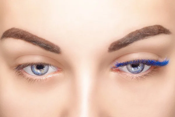 Eyelash Extension Procedure. Woman Eye with Long Blue Eyelashes. Ombre effect. Close up, selective focus.