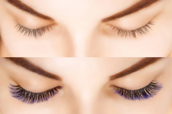 Wimpernverlängerung. Vergleich der weiblichen Augen davor und danach. Blaue Wimpern. — Stockfoto