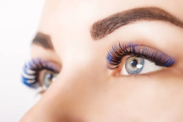 Eyelash Extension Procedure. Woman Eye with Long Blue Eyelashes. Ombre effect. Close up, selective focus. — Stock Photo, Image