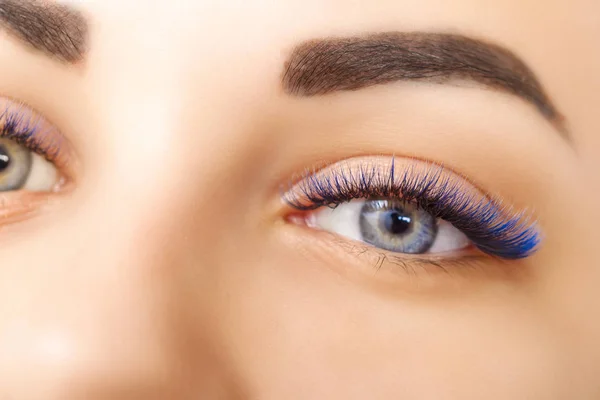 Procedimento de extensão das pestanas. Olho de mulher com pestanas azuis longas. Efeito Ombre. Close up, foco seletivo . — Fotografia de Stock