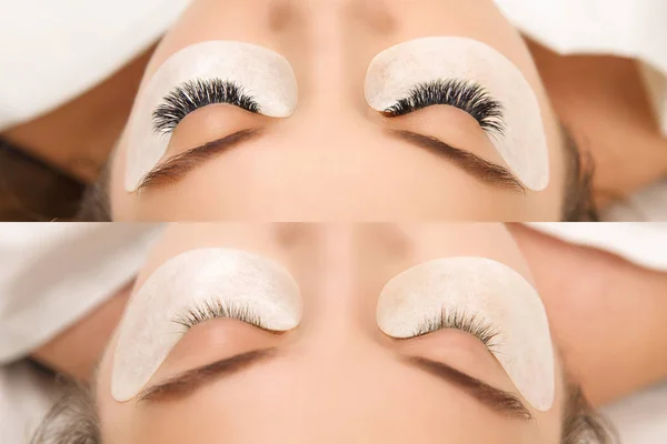 Eyelash extensie. Vergelijking van vrouwelijke ogen voor en na. — Stockfoto