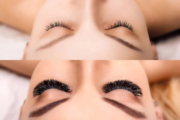 Eyelash Extension. Comparison of female eyes before and after. Hollywood, russian volume — Stock Photo, Image