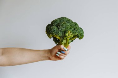 Çiğ Brokoli lahana çiçeği beyaz arka plan infront tutan kadın el. Heathy osteopenik kavramı