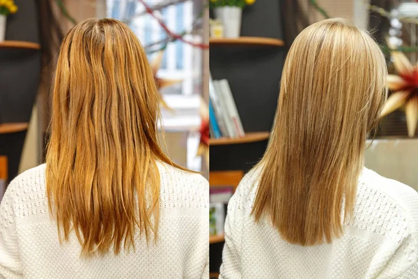 Professionelle Friseurin färbt Haare ihrer Kundin im Salon. Haarfarbe vor und nach dem Eingriff. Selektiver Fokus. — Stockfoto