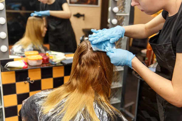 Professionelle Friseurin färbt Haare ihrer Kundin im Salon. Selektiver Fokus. — Stockfoto