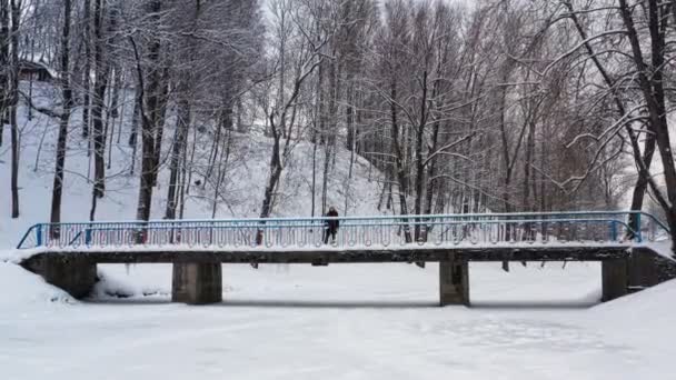 Vacker kvinna går på en snötäckt bro. Flyg över snöstorm i en snöig skog och flicka stående längs en bro. — Stockvideo